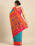 Muniya paithani saree silk blend in rama green and pink with parrot motif zari work - back view showing pallu and border for wedding wear