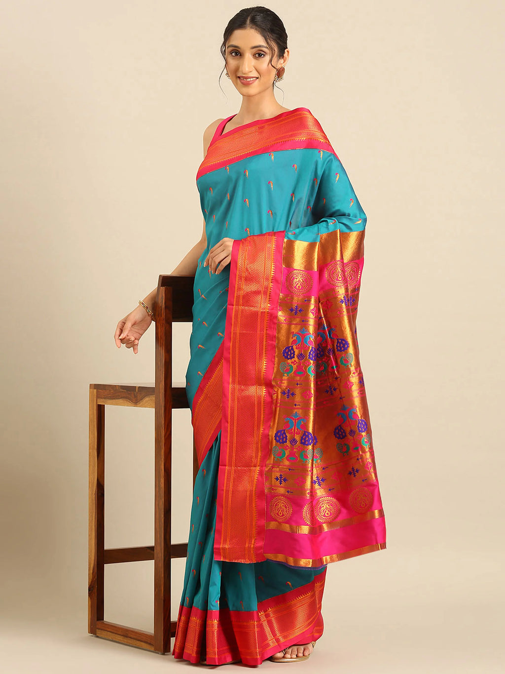 Muniya Paithani Saree Silk Blend | Parrot Motif Zari Work | Wedding Wear