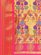 Muniya paithani saree silk blend in rama green and pink with parrot motif zari work - pallu detail showing woven motif design for wedding wear