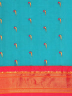Muniya paithani saree silk blend in rama green and pink with parrot motif zari work - body fabric detail showing motif design for wedding wear