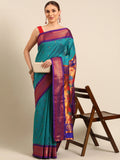 Muniya paithani saree silk blend in rama green and violet with parrot motif zari work - front view for wedding wear