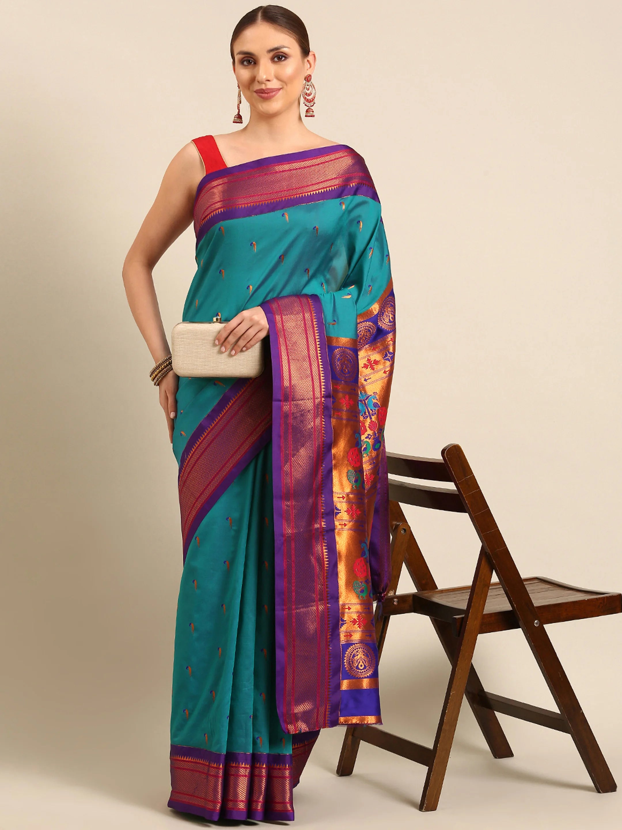 Muniya paithani saree silk blend in rama green and violet with parrot motif zari work - front view for wedding wear