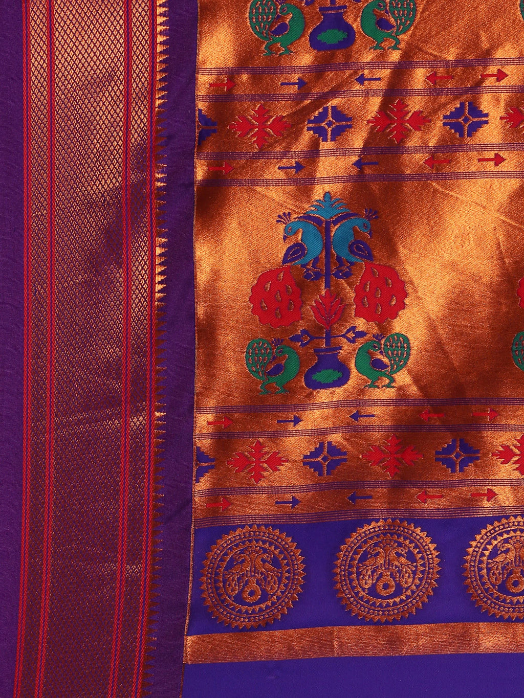 Muniya paithani saree silk blend in rama green and violet with parrot motif zari work - pallu detail showing woven motif design for wedding wear