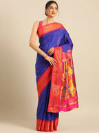 Muniya paithani saree silk blend in royal blue and pink with parrot motif zari work - front view for wedding wear