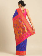 Muniya paithani saree silk blend in royal blue and pink with parrot motif zari work - back view showing pallu and border for wedding wear