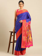 Muniya paithani saree silk blend in royal blue and pink with parrot motif zari work - styled model view for wedding wear