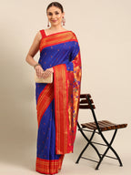 Muniya paithani saree silk blend in royal blue and red with parrot motif zari work - front view for wedding wear