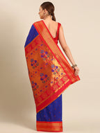 Muniya paithani saree silk blend in royal blue and red with parrot motif zari work - back view showing pallu and border for wedding wear