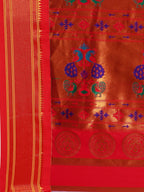 Muniya paithani saree silk blend in royal blue and red with parrot motif zari work - pallu detail showing woven motif design for wedding wear