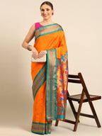 Muniya paithani saree silk blend in saffron and rama with parrot motif zari work - front view for wedding wear