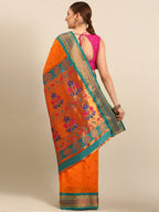 Muniya paithani saree silk blend in saffron and rama with parrot motif zari work - back view showing pallu and border for wedding wear