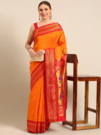 Muniya paithani saree silk blend in saffron and red with parrot motif zari work - front view for wedding wear