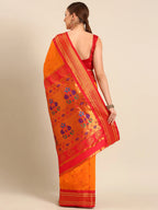 Muniya paithani saree silk blend in saffron and red with parrot motif zari work - back view showing pallu and border for wedding wear