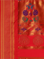 Muniya paithani saree silk blend in saffron and red with parrot motif zari work - pallu detail showing woven motif design for wedding wear