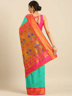 Muniya paithani saree silk blend in sea green and pink with parrot motif zari work - back view showing pallu and border for wedding wear