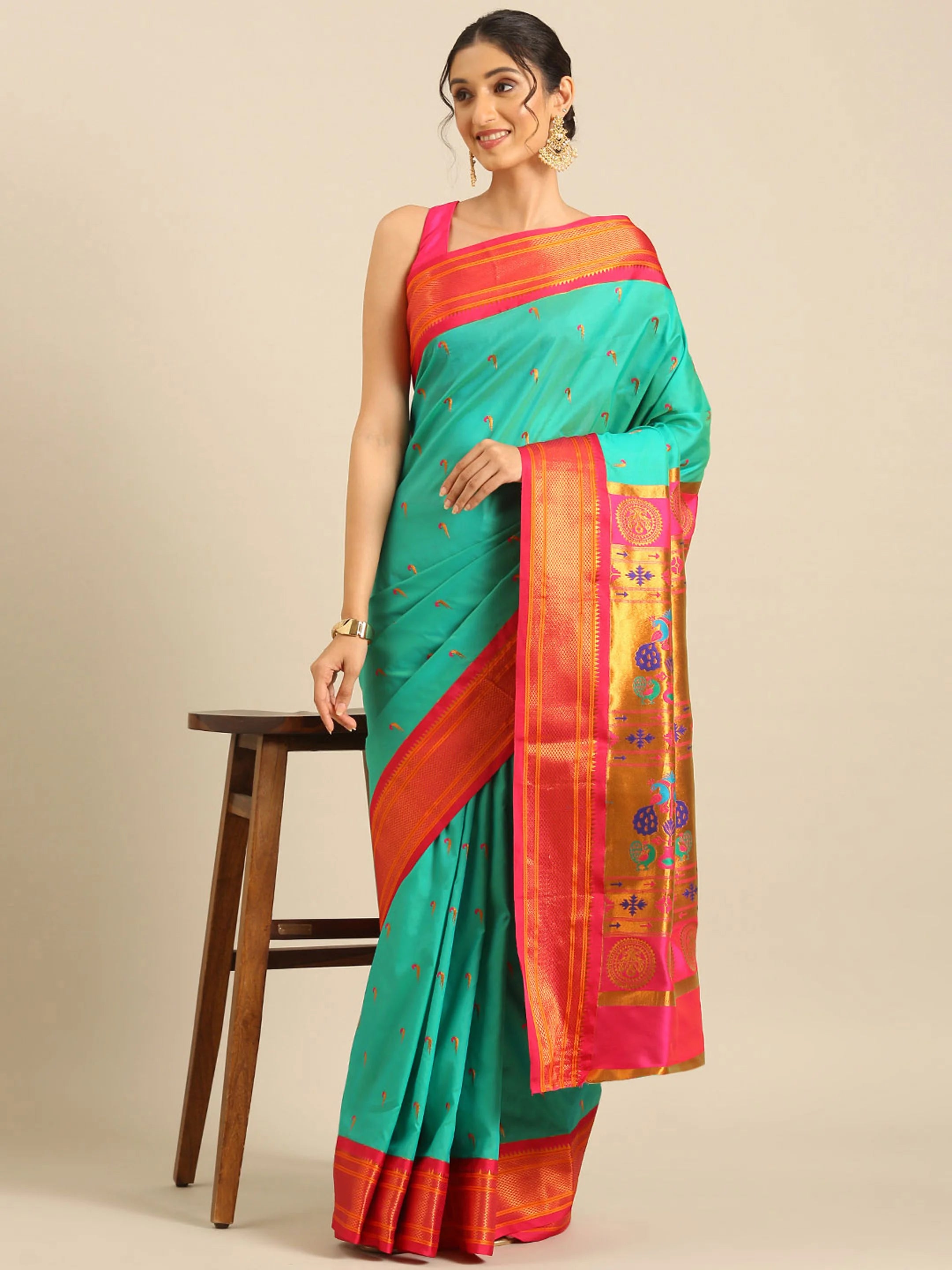 Muniya Paithani Saree Silk Blend | Parrot Motif Zari Work | Wedding Wear