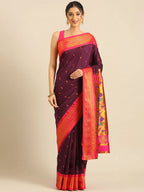 Muniya paithani saree silk blend in wine and pink with parrot motif zari work - front view for wedding wear