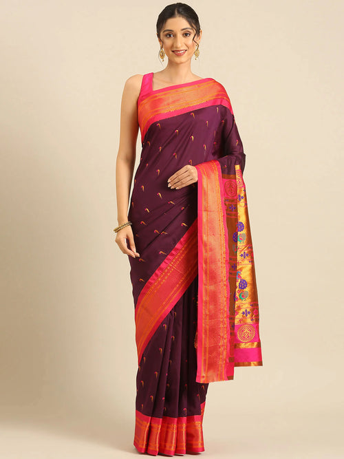 Muniya paithani saree silk blend in wine and pink with parrot motif zari work - front view for wedding wear