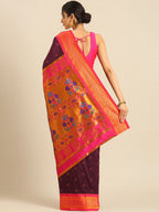 Muniya paithani saree silk blend in wine and pink with parrot motif zari work - back view showing pallu and border for wedding wear