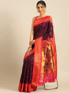Muniya paithani saree silk blend in wine and pink with parrot motif zari work - styled model view for wedding wear