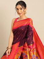 Muniya paithani saree silk blend in wine and pink with parrot motif zari work - closeup view showing fabric and zari work for wedding wear