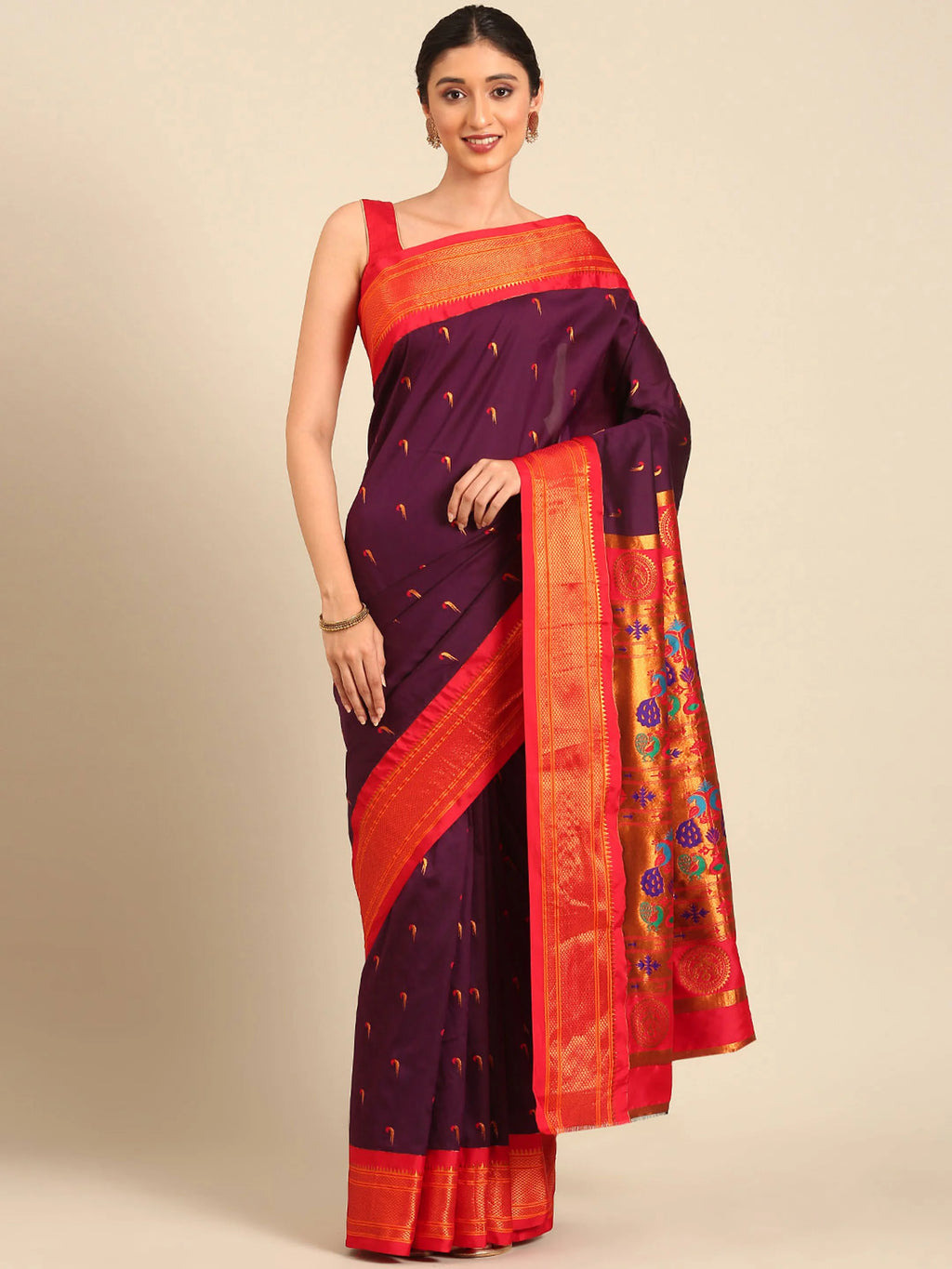Muniya paithani saree silk blend in wine red with parrot motif zari work - front view for wedding wear