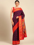 Muniya paithani saree silk blend in wine red with parrot motif zari work - front view for wedding wear
