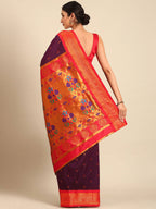 Muniya paithani saree silk blend in wine red with parrot motif zari work - back view showing pallu and border for wedding wear