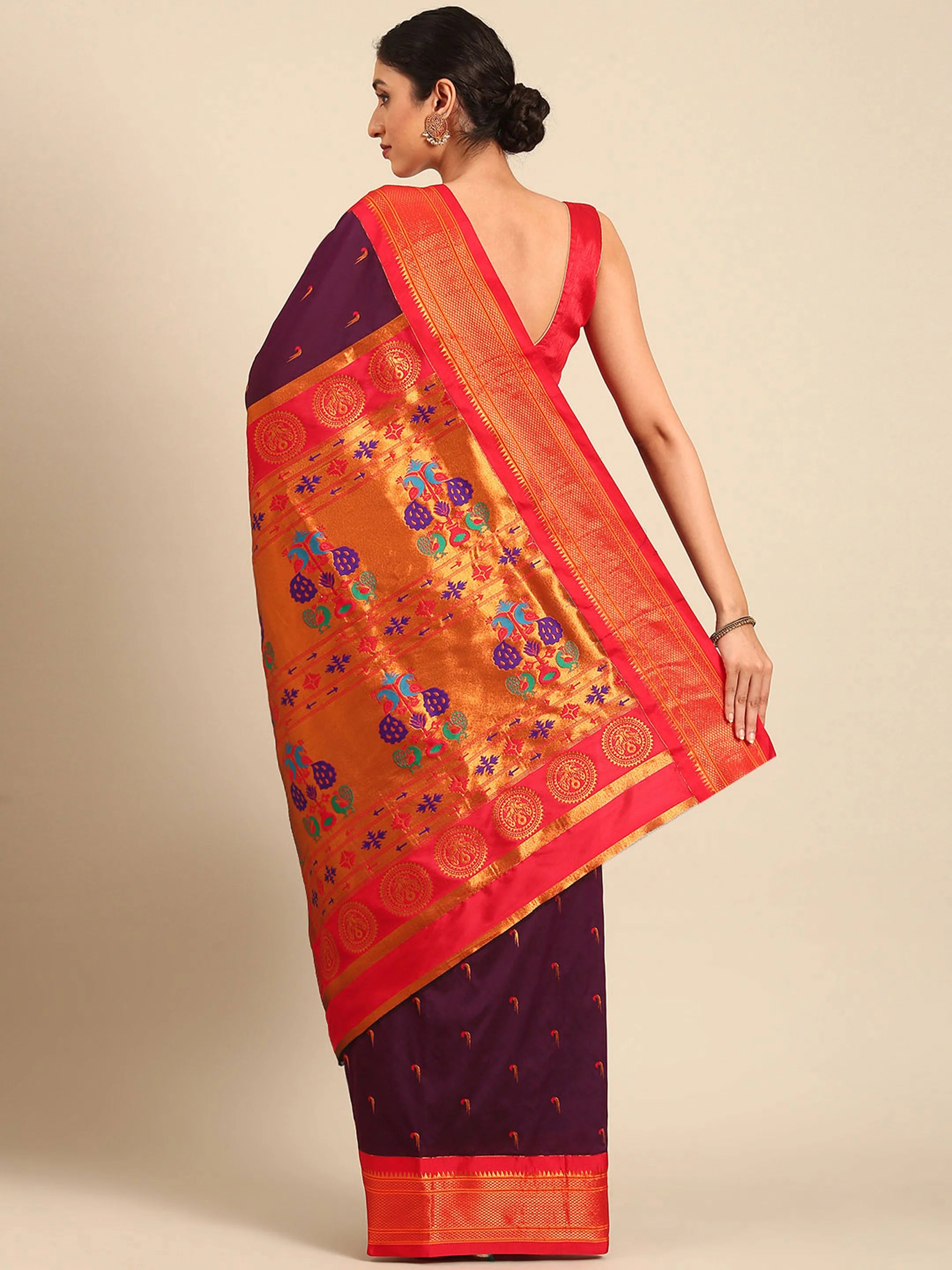Muniya paithani saree silk blend in wine red with parrot motif zari work - back view showing pallu and border for wedding wear