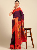 Muniya paithani saree silk blend in wine red with parrot motif zari work - styled model view for wedding wear