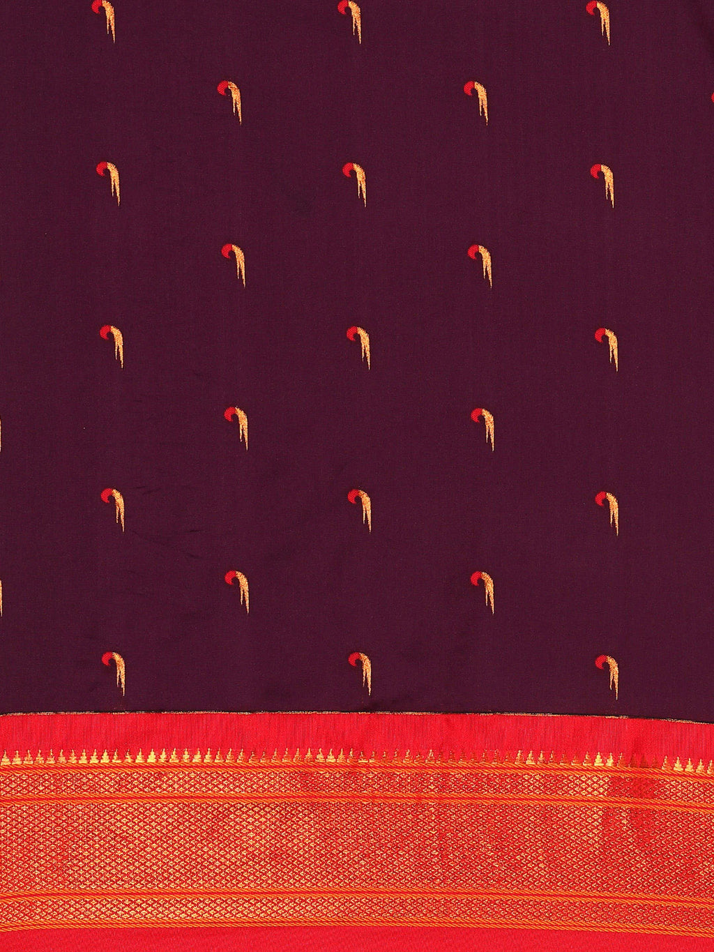 Muniya paithani saree silk blend in wine red with parrot motif zari work - body fabric detail showing motif design for wedding wear