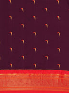 Muniya paithani saree silk blend in wine red with parrot motif zari work - body fabric detail showing motif design for wedding wear