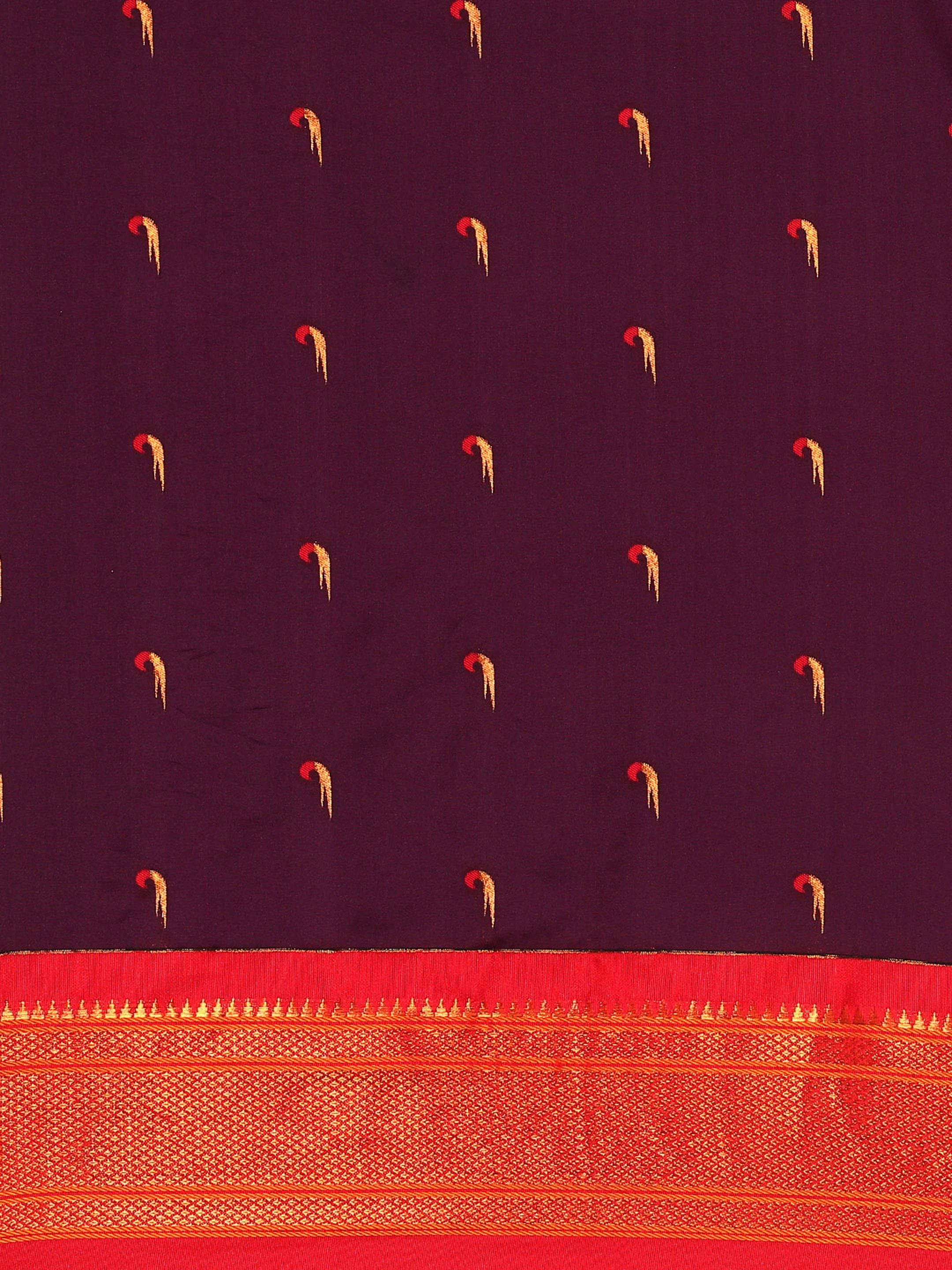 Muniya paithani saree silk blend in wine red with parrot motif zari work - body fabric detail showing motif design for wedding wear