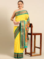 Muniya paithani saree silk blend in yellow and rama with parrot motif zari work - front view for wedding wear