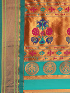 Muniya paithani saree silk blend in yellow and rama with parrot motif zari work - pallu detail showing woven motif design for wedding wear