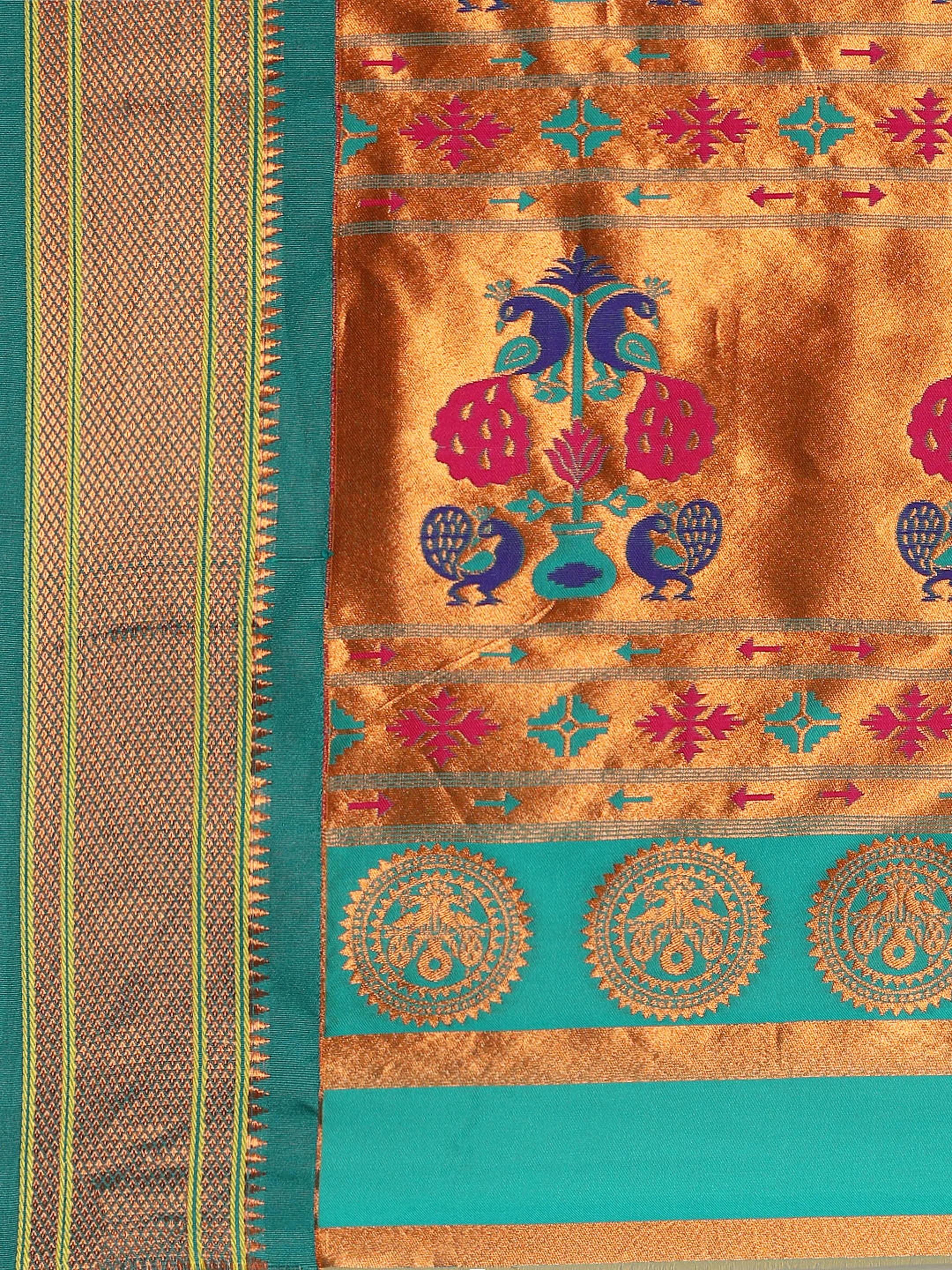 Muniya paithani saree silk blend in yellow and rama with parrot motif zari work - pallu detail showing woven motif design for wedding wear