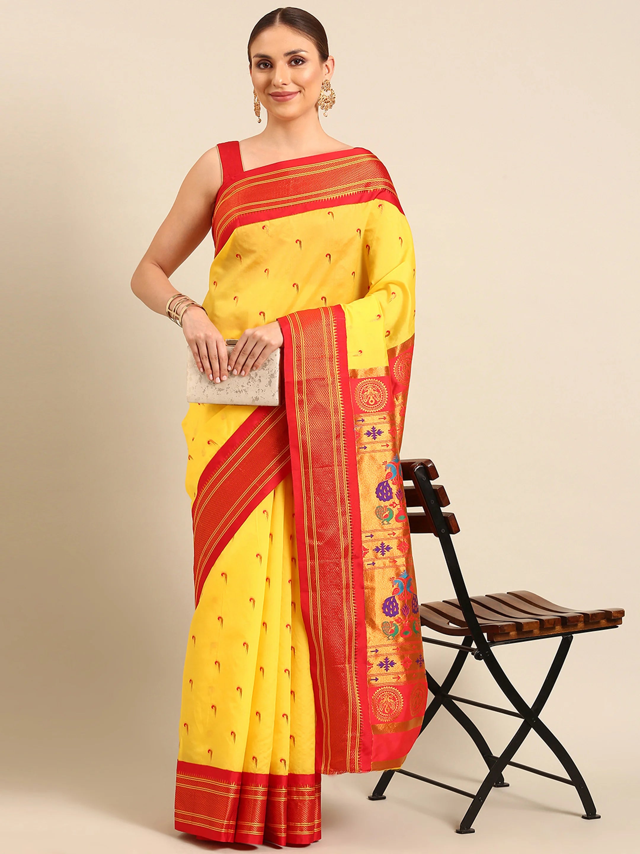 Muniya paithani saree silk blend in yellow and red with parrot motif zari work - front view for wedding wear
