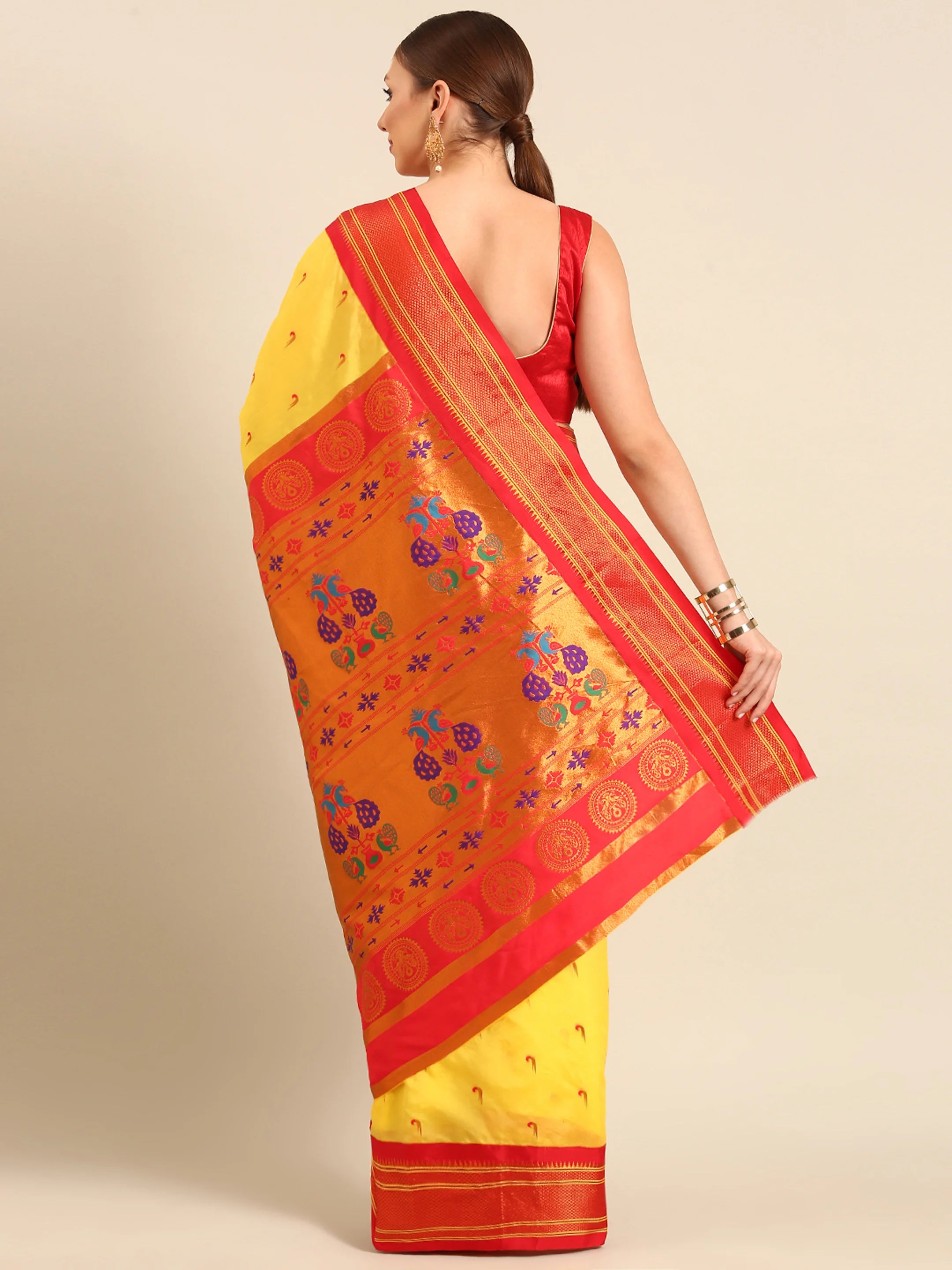 Muniya paithani saree silk blend in yellow and red with parrot motif zari work - back view showing pallu and border for wedding wear