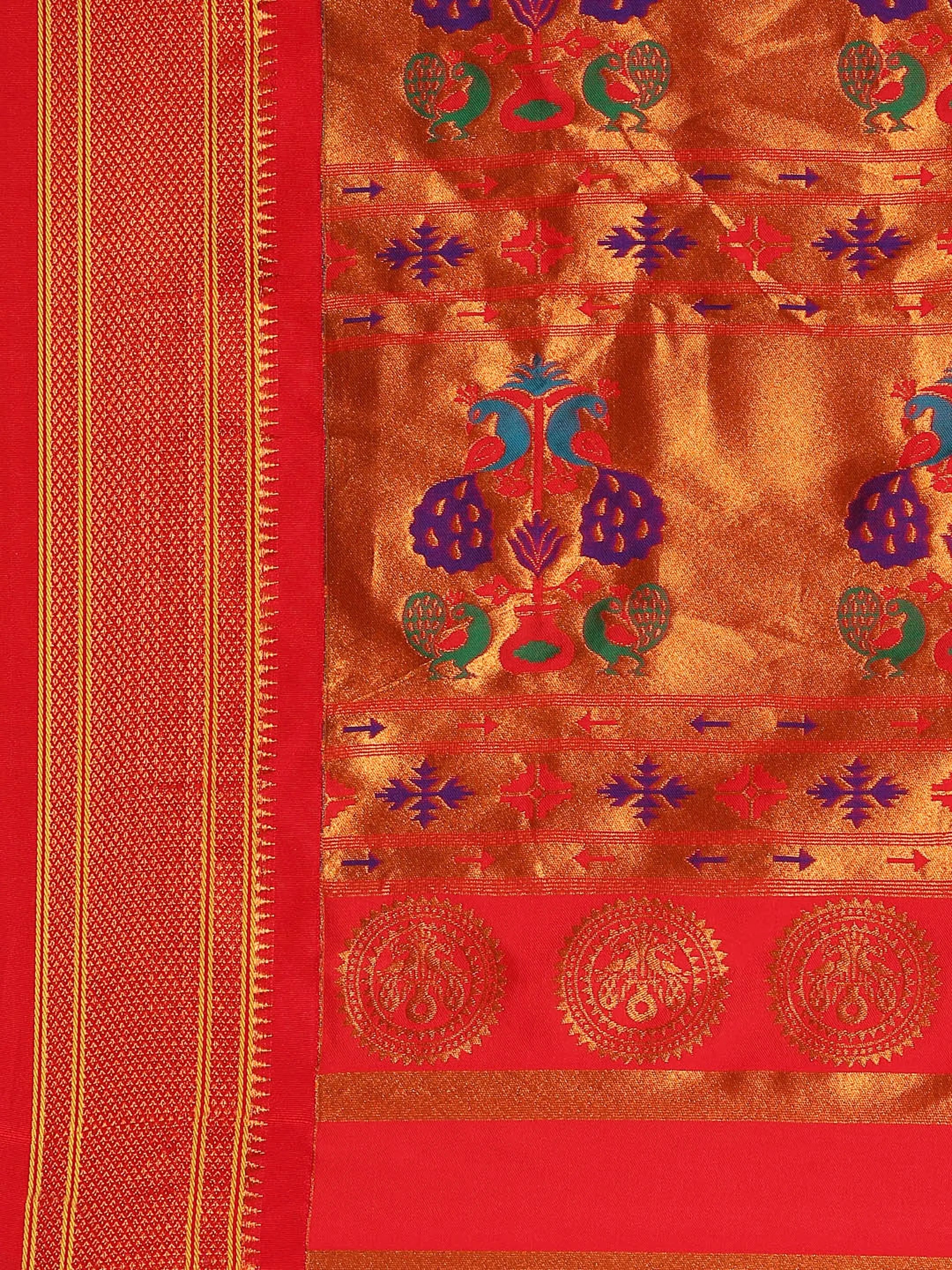 Muniya paithani saree silk blend in yellow and red with parrot motif zari work - pallu detail showing woven motif design for wedding wear