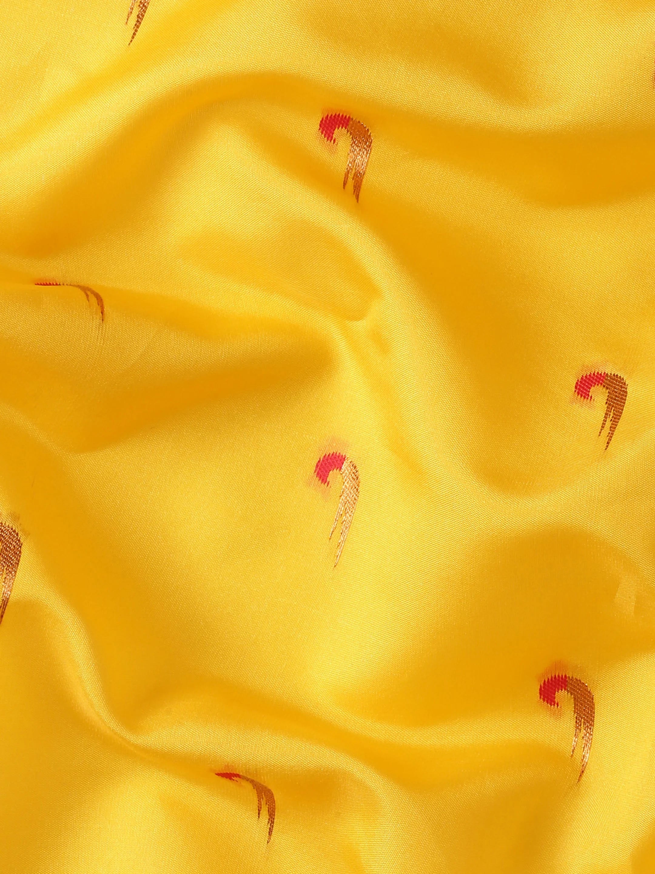 Muniya paithani saree silk blend in yellow and red with parrot motif zari work - fabric view for wedding wear