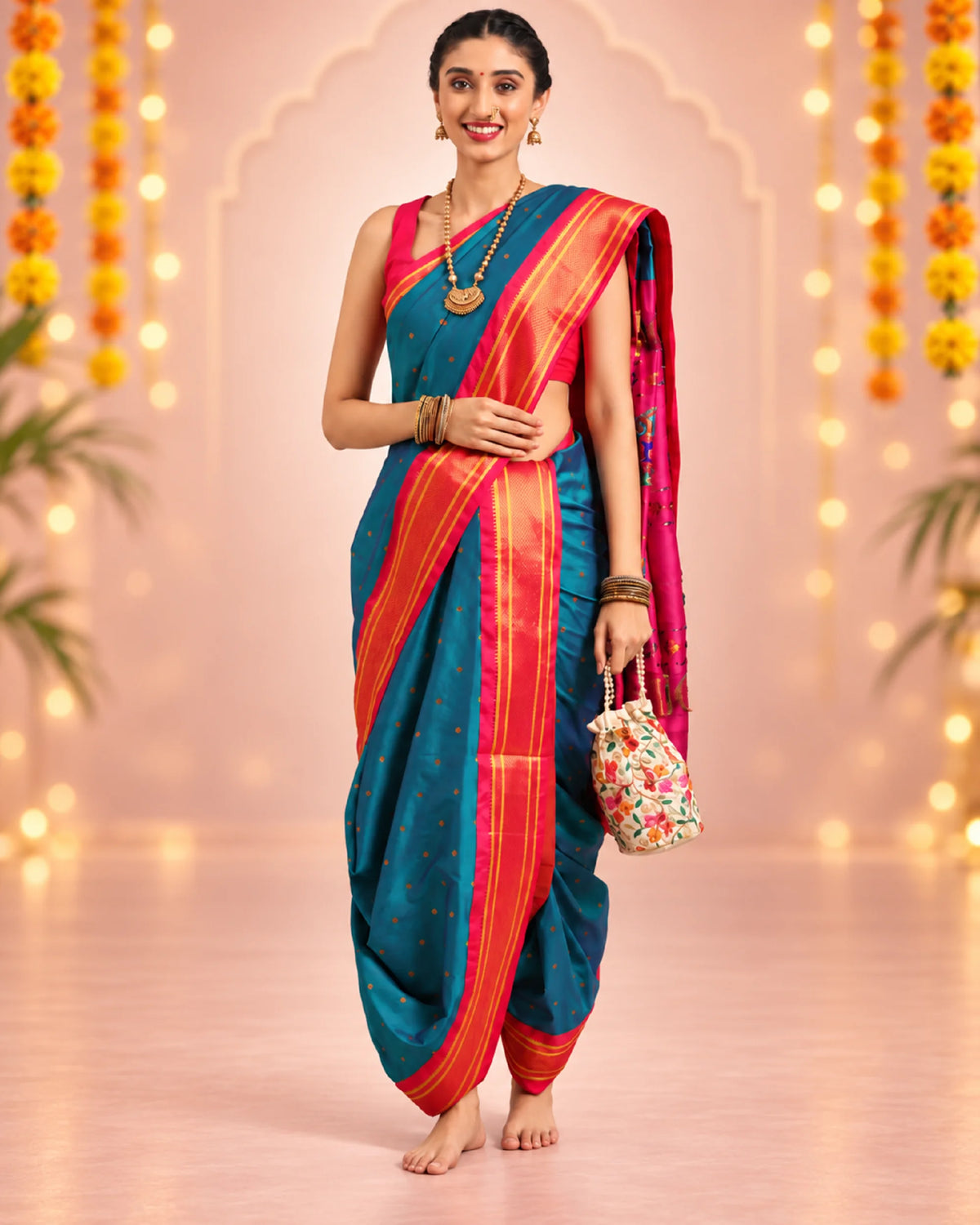 Woman in a teal and pink Nauvari Paithani saree beside decorated with diyas and marigolds