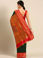 Muniya paithani saree silk blend in bottle green and red with floral meena butti - back view showing pallu and border for wedding wear