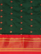 Muniya paithani saree silk blend in bottle green and red with floral meena butti - body fabric detail showing motif design for wedding wear
