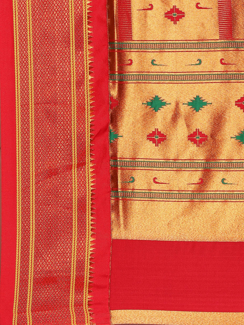 Muniya paithani saree silk blend in bottle green and red with floral meena butti - pallu detail showing woven motif design for wedding wear