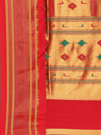 Muniya paithani saree silk blend in bottle green and red with floral meena butti - pallu detail showing woven motif design for wedding wear