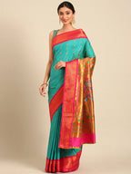 Muniya paithani saree silk blend in chintamani and pink with floral meena butti - front view for wedding wear