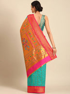 Muniya paithani saree silk blend in chintamani and pink with floral meena butti - back view showing pallu and border for wedding wear