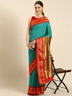 Muniya paithani saree silk blend in chintamani and red with floral meena butti - front view for wedding wear