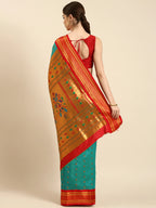 Muniya paithani saree silk blend in chintamani and red with floral meena butti - back view showing pallu and border for wedding wear