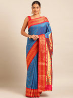 Muniya paithani saree silk blend in firozi and red with floral meena butti - front view for wedding wear